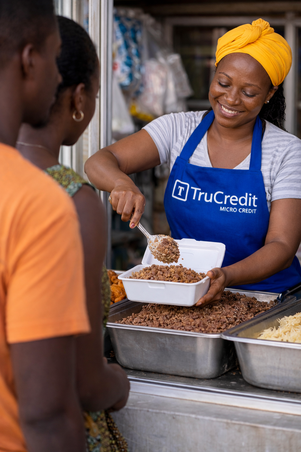 Ghanaian market trader at her shop — ideal customer for Tru Express Loan